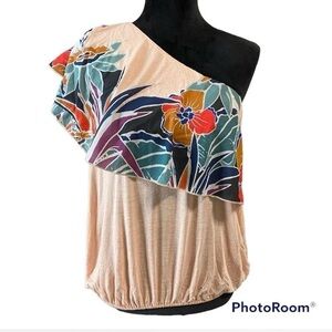 Free People Annika one shoulder Asymmetrical Ruffled Orange Blouse size small